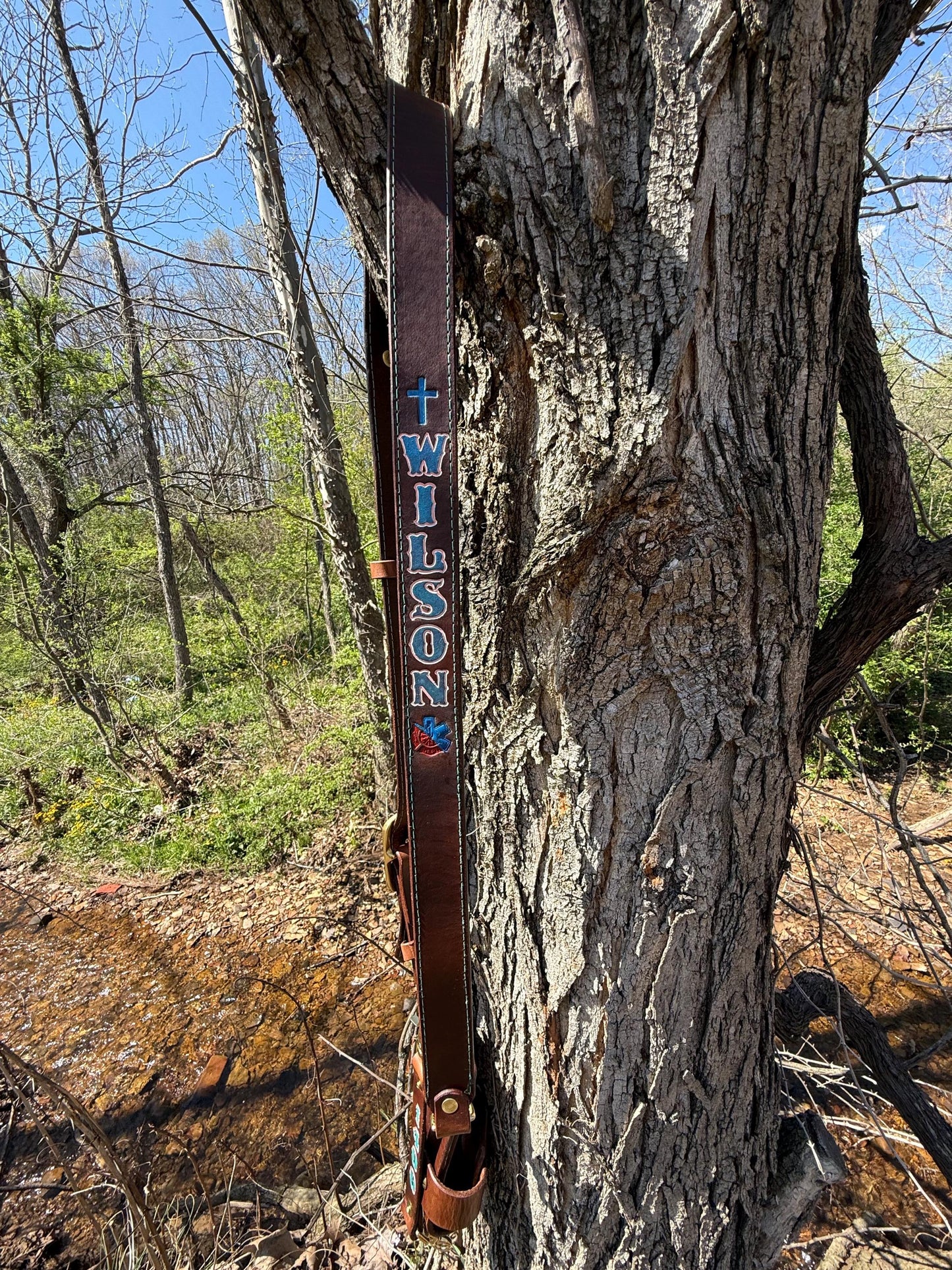 Custom Leather Firefighter Radio Strap – Hand-Stamped & Hand-Painted | Full-Grain Leather | Heavy-Duty Brass Hardware
