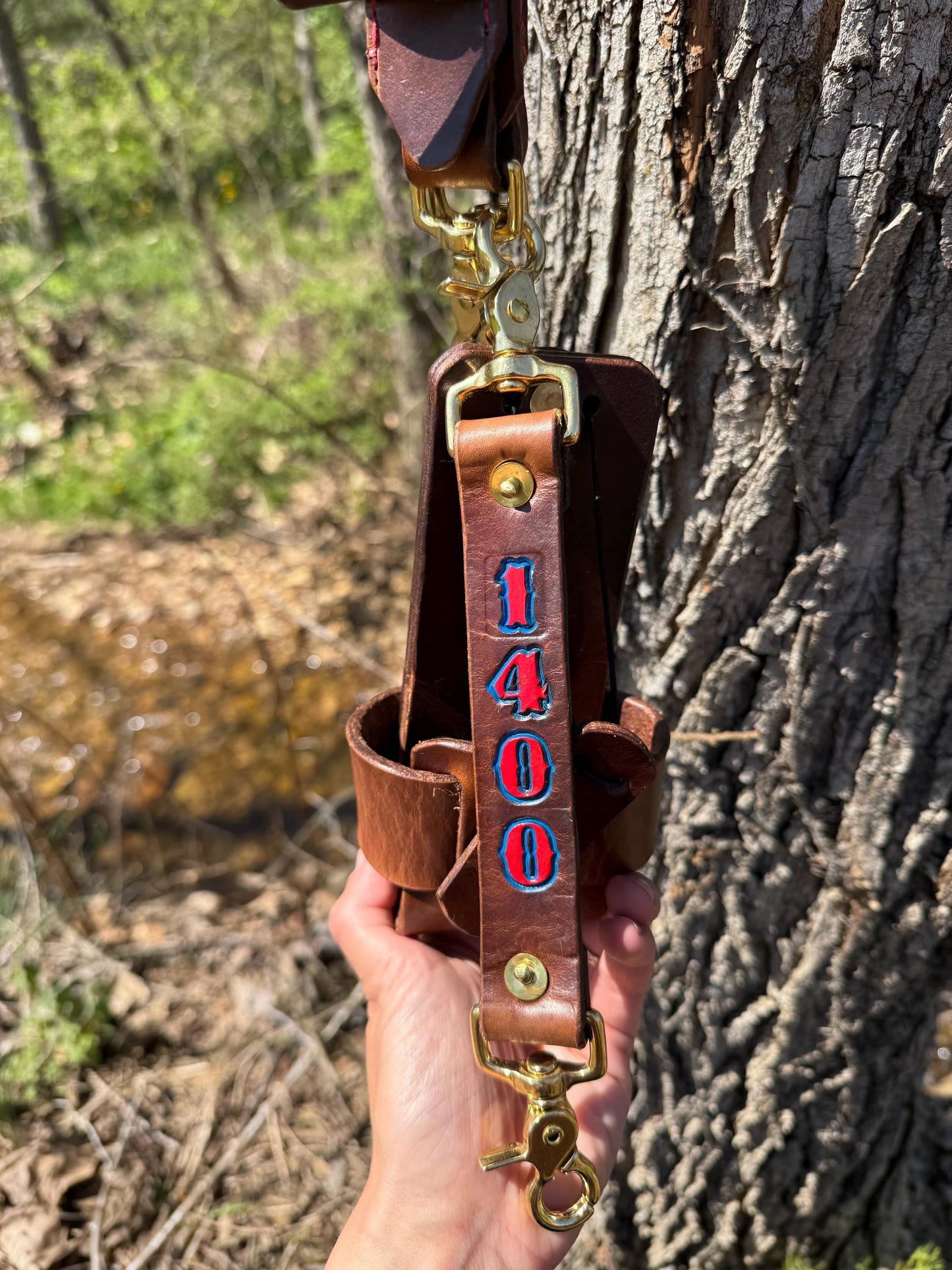 Custom Leather Firefighter Radio Strap – Hand-Stamped & Hand-Painted | Full-Grain Leather | Heavy-Duty Brass Hardware