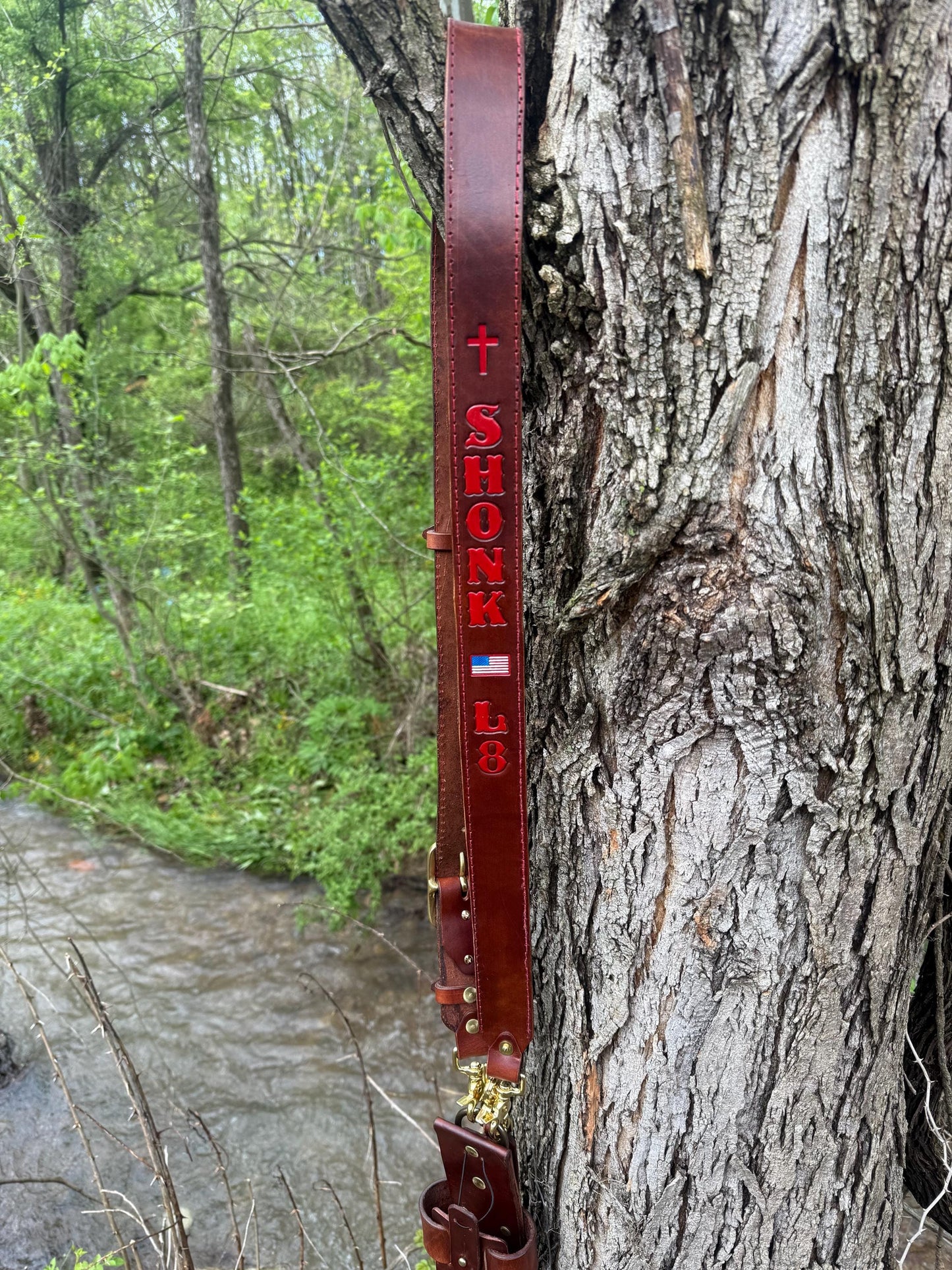 Custom Leather Firefighter Radio Strap – Hand-Stamped & Hand-Painted | Full-Grain Leather | Heavy-Duty Brass Hardware