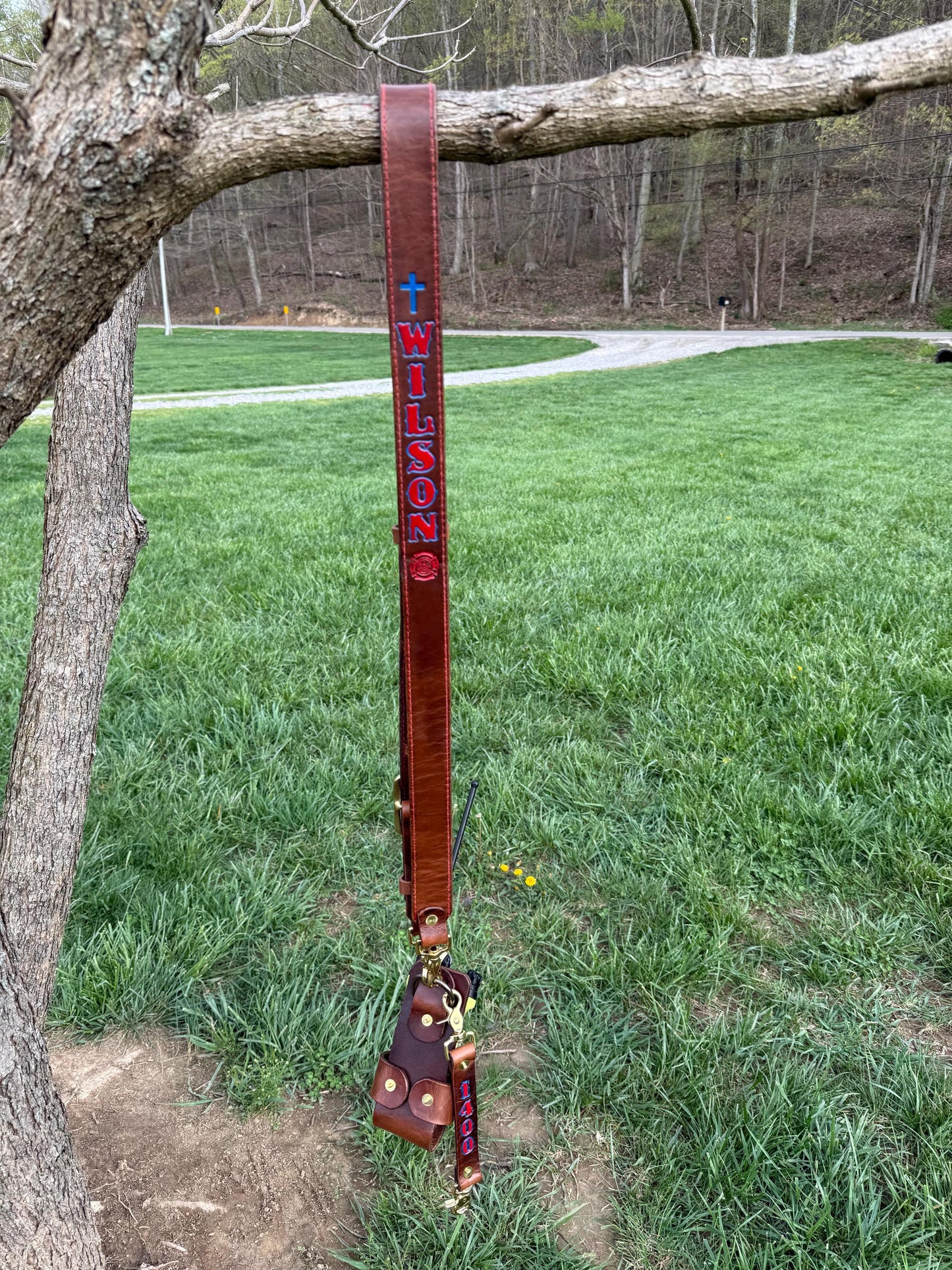 Custom Leather Firefighter Radio Strap – Hand-Stamped & Hand-Painted | Full-Grain Leather | Heavy-Duty Brass Hardware