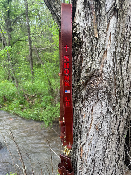 Custom Leather Firefighter Radio Strap – Hand-Stamped & Hand-Painted | Full-Grain Leather | Heavy-Duty Brass Hardware